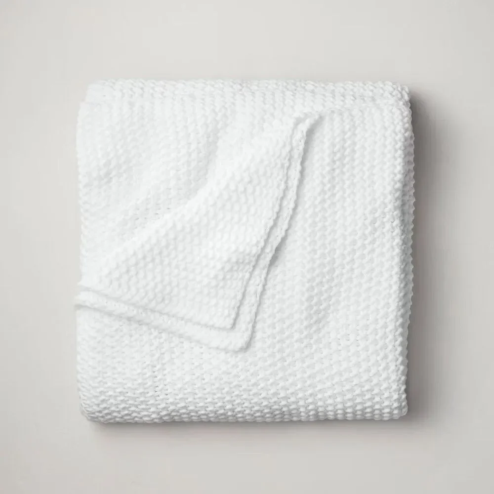 Casaluna King Chunky Knit Bed Blanket White Acrylic Sweater Knit Washable